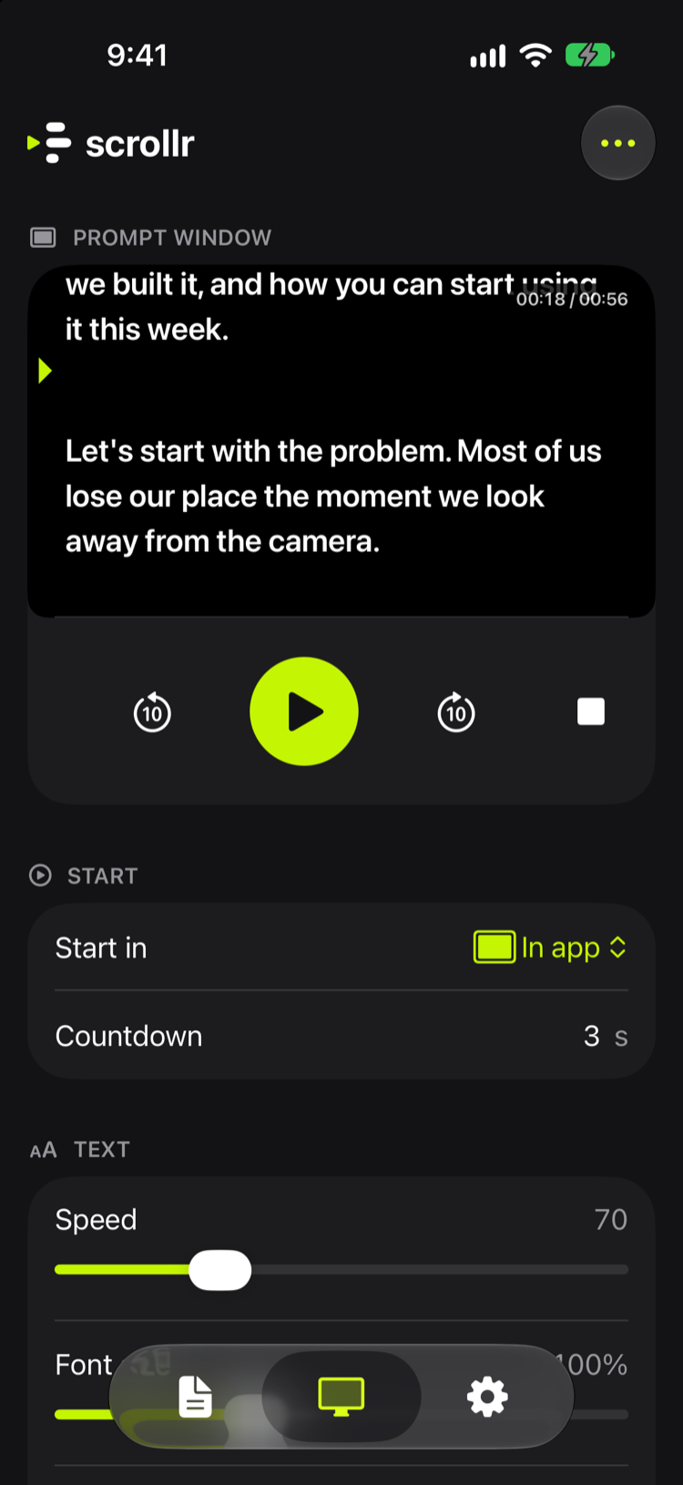 The scrollr Prompter screen with a script paused partway through