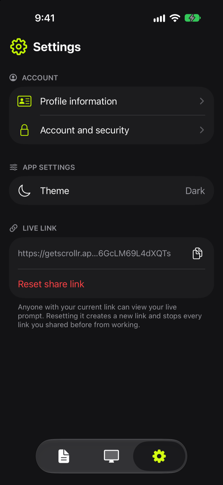 scrollr Settings with the account, theme, live link, and privacy policy